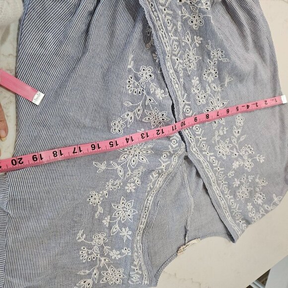 Chloe & Katie Blue Medium Striped Boho  Cottagecore Embroidered Wrap Top - Picture 9 of 10